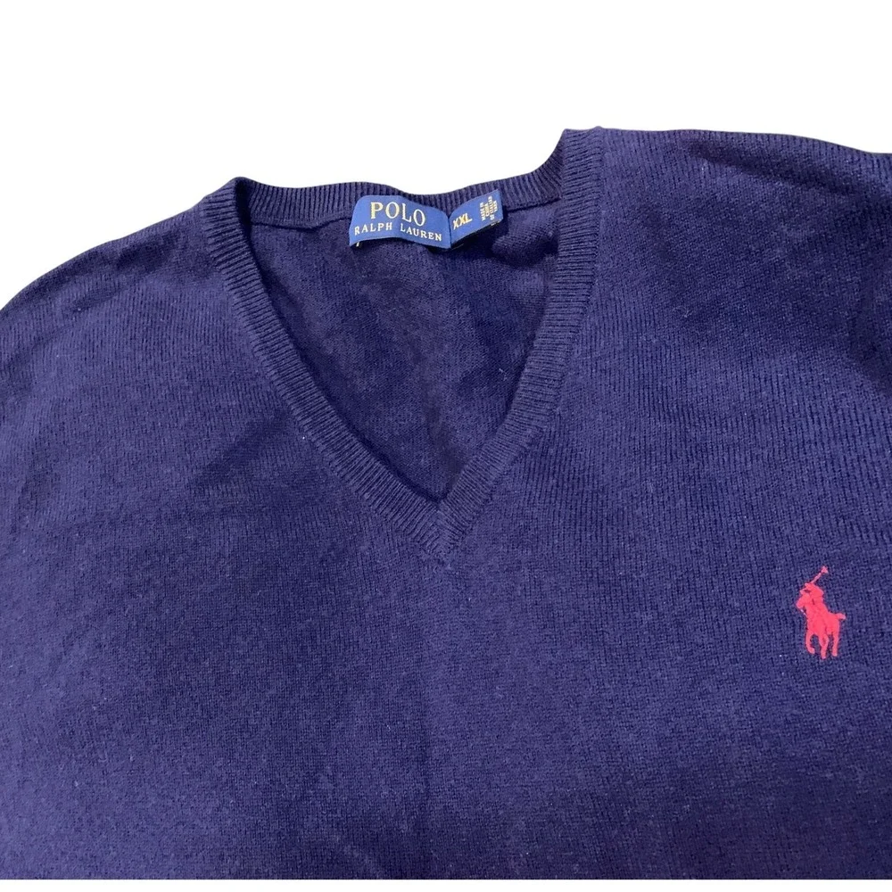 Polo Ralph Lauren XXL Sweater Navy Excellent V-Neck Merino Wool Italian Red Pony